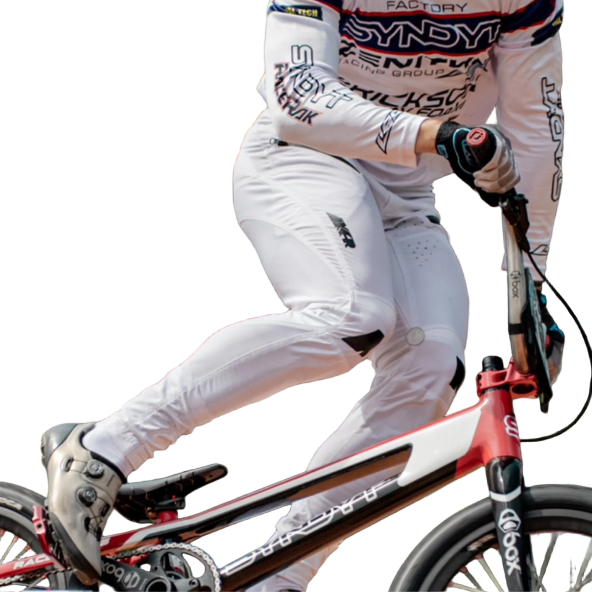 BMX Racer wearing white Aker Brand pants